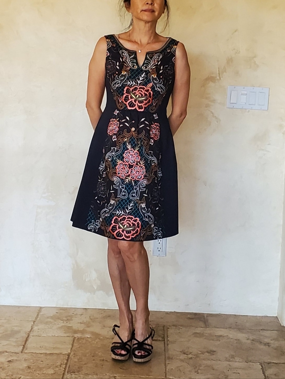 Moulinette Soeurs Black Mini Dress with Coral & Teal Floral Embroidery